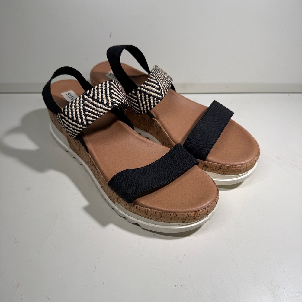 Steve Madden Kabel Black Chevron Elastic Platform Wedge Sandals Womens Size 8.5 - Picture 13 of 13
